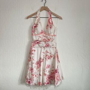 Vintage Y2K Ruby Roxy Halter Neck Midi Dress Small Pink Floral Tulle Bow Lace
